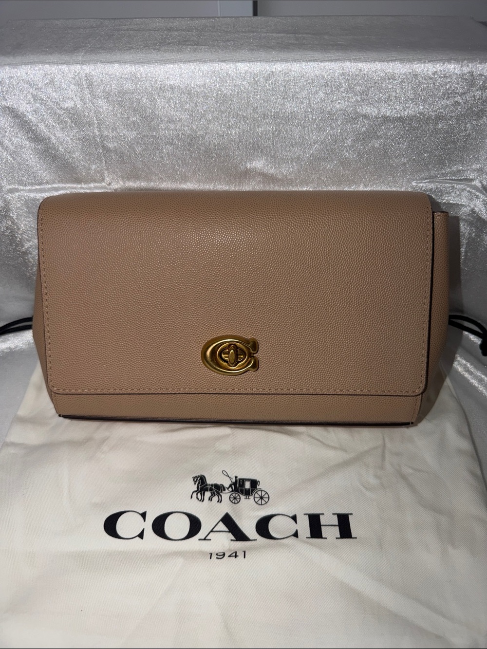Coach Taupe Pebbled Leather Turnlock Clutch Bag